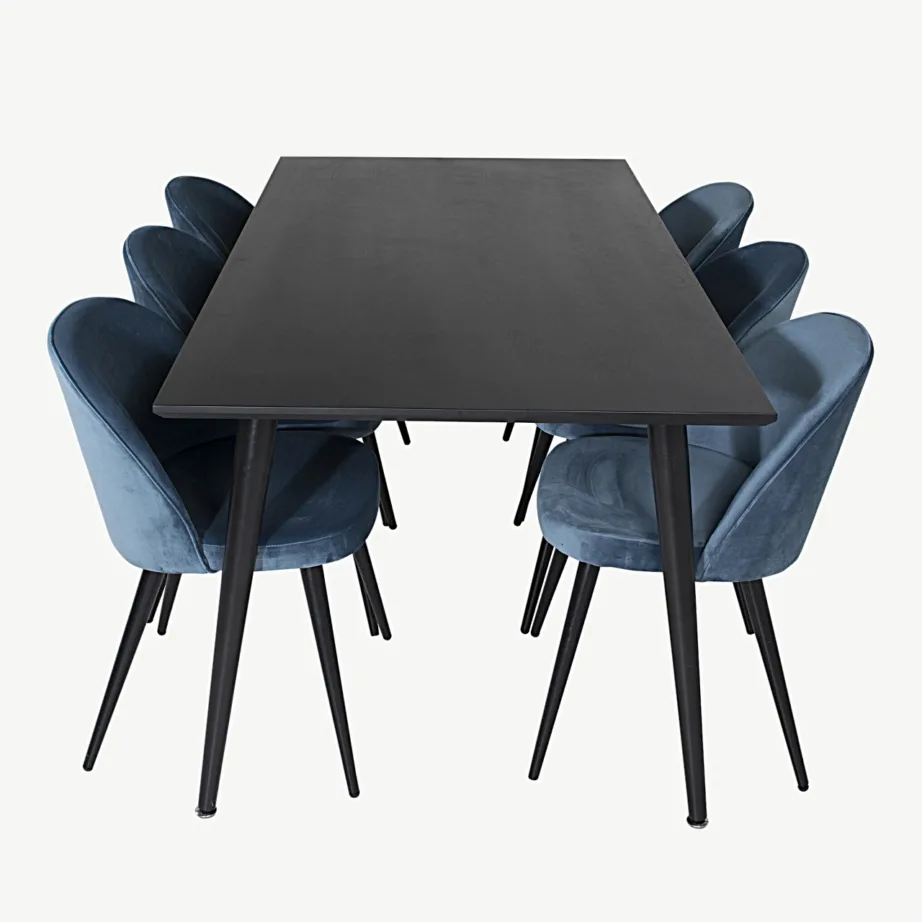 Dipp ristkülikukujuline söögilauakomplekt musta lauaplaadi ja siniste velvettoolidega (180×90 cm), GR19975 – 2
