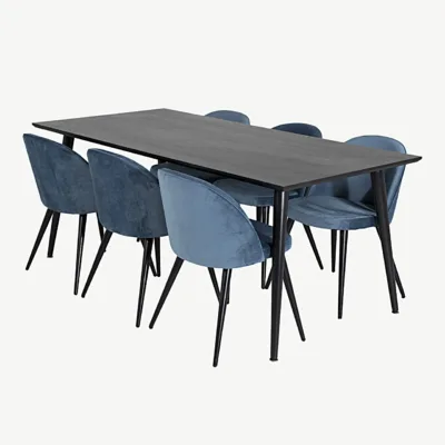 Dipp ristkülikukujuline söögilauakomplekt musta lauaplaadi ja siniste velvettoolidega (180x90 cm) - GR19975