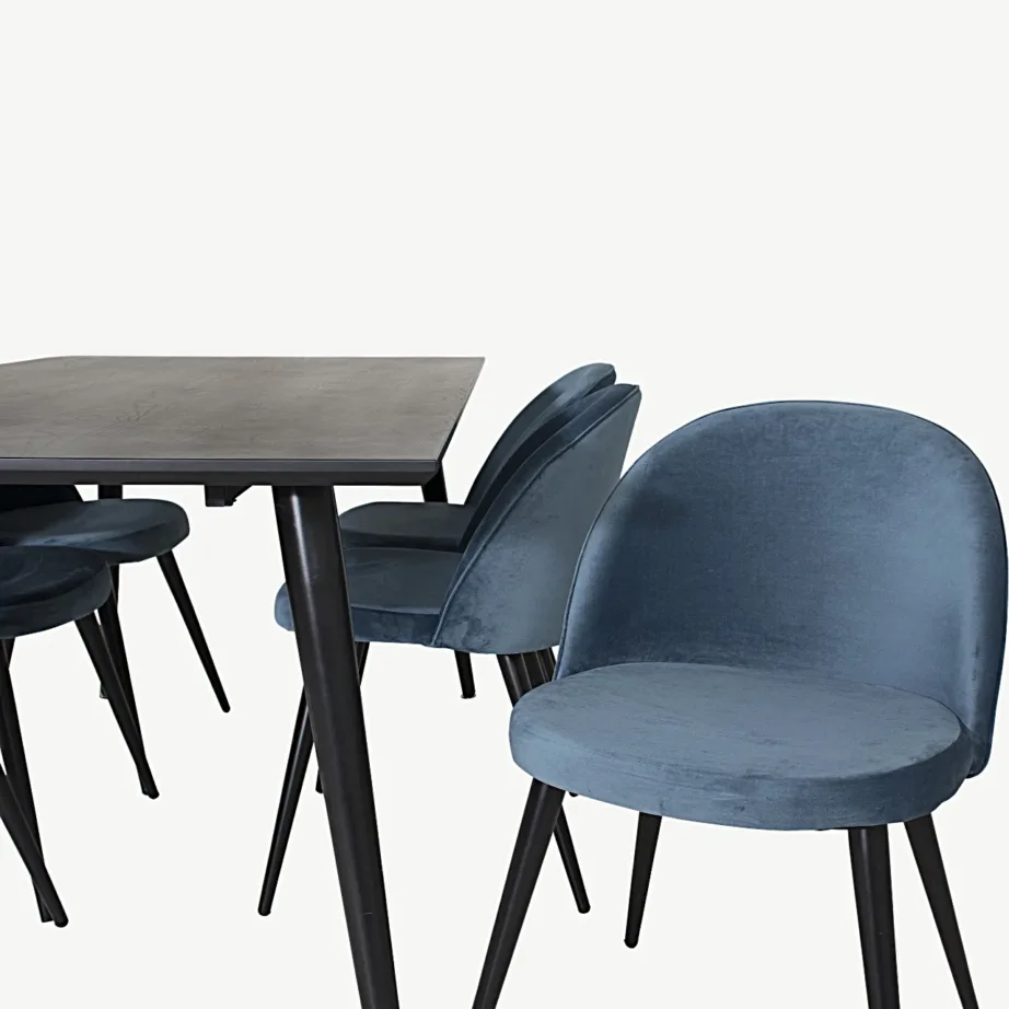 Dipp ristkülikukujuline söögilauakomplekt musta lauaplaadi ja siniste velvettoolidega (180×90 cm), GR19975 – 3