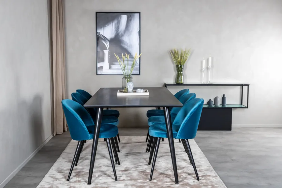 Dipp ristkülikukujuline söögilauakomplekt musta lauaplaadi ja siniste velvettoolidega (180×90 cm), GR19975 – 5