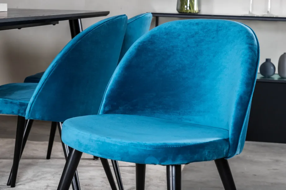 Dipp ristkülikukujuline söögilauakomplekt musta lauaplaadi ja siniste velvettoolidega (180×90 cm), GR19975 – 7