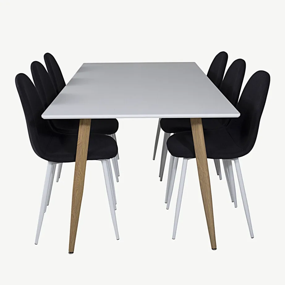 Polar söögikomplekt – valge MDF laud ja musta kangaga toolid (6 istekohta), GR20058 – 2
