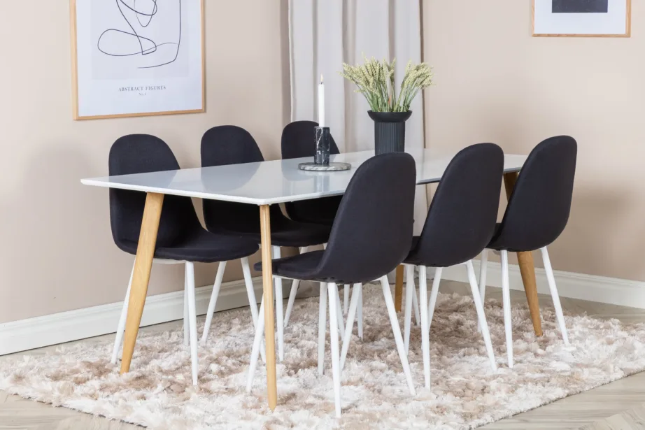Polar söögikomplekt – valge MDF laud ja musta kangaga toolid (6 istekohta), GR20058 – 5