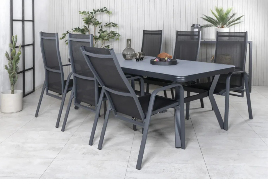 Virya aiatoakomplekt: suur mattklaasist laud ja reguleeritavad Copacabana toolid (must/hall), GR21553 – 7