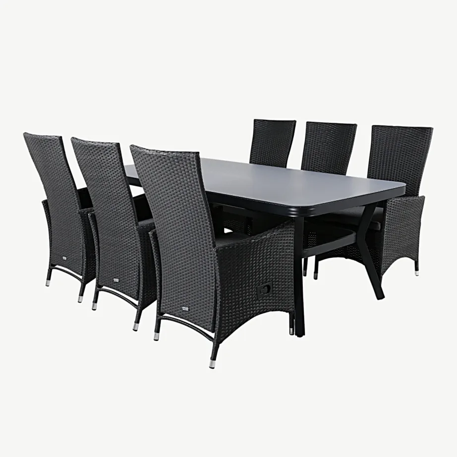 Virya ristkülikukujuline must aiamööbli komplekt – klaaspinnaga laud ja reguleeritavad Padova punutud toolid, GR21554 – 2