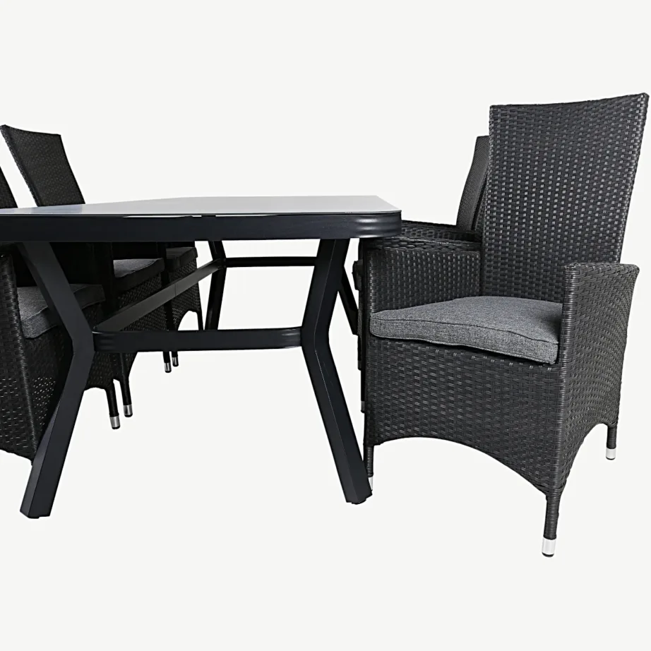 Virya ristkülikukujuline must aiamööbli komplekt – klaaspinnaga laud ja reguleeritavad Padova punutud toolid, GR21554 – 3