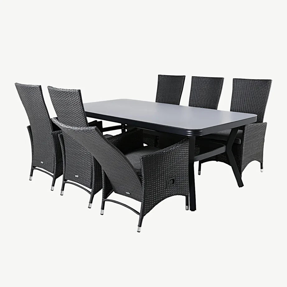 Virya ristkülikukujuline must aiamööbli komplekt – klaaspinnaga laud ja reguleeritavad Padova punutud toolid, GR21554 – 4