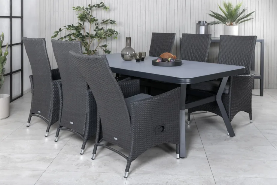 Virya ristkülikukujuline must aiamööbli komplekt – klaaspinnaga laud ja reguleeritavad Padova punutud toolid, GR21554 – 7