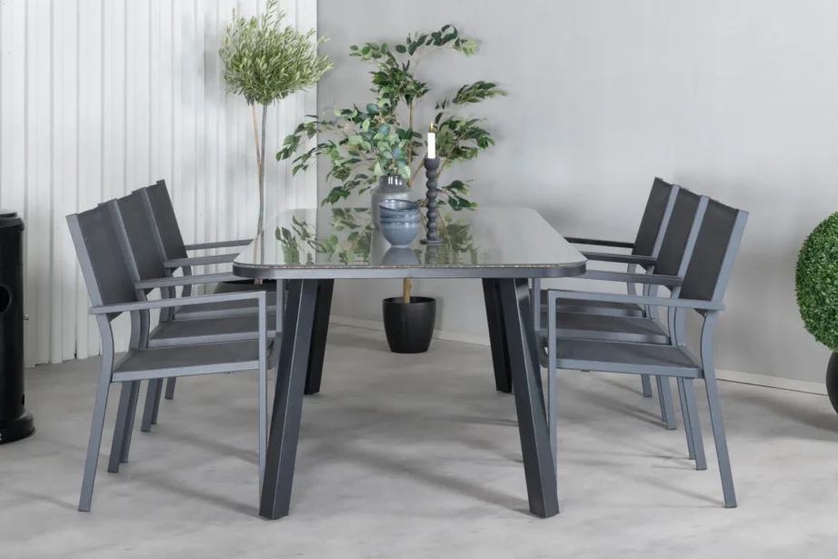 Paola ristkülikukujuline must aiamööbli komplekt klaaspinnaga lauaga ja Copacabana toolidega, GR21568 – 5