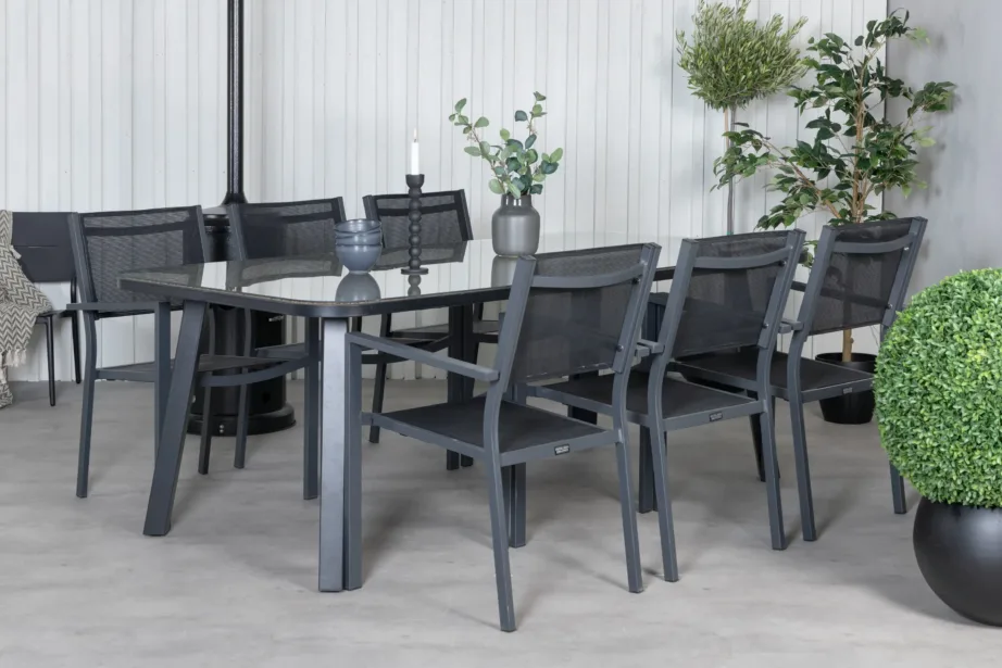 Paola ristkülikukujuline must aiamööbli komplekt klaaspinnaga lauaga ja Copacabana toolidega, GR21568 – 6