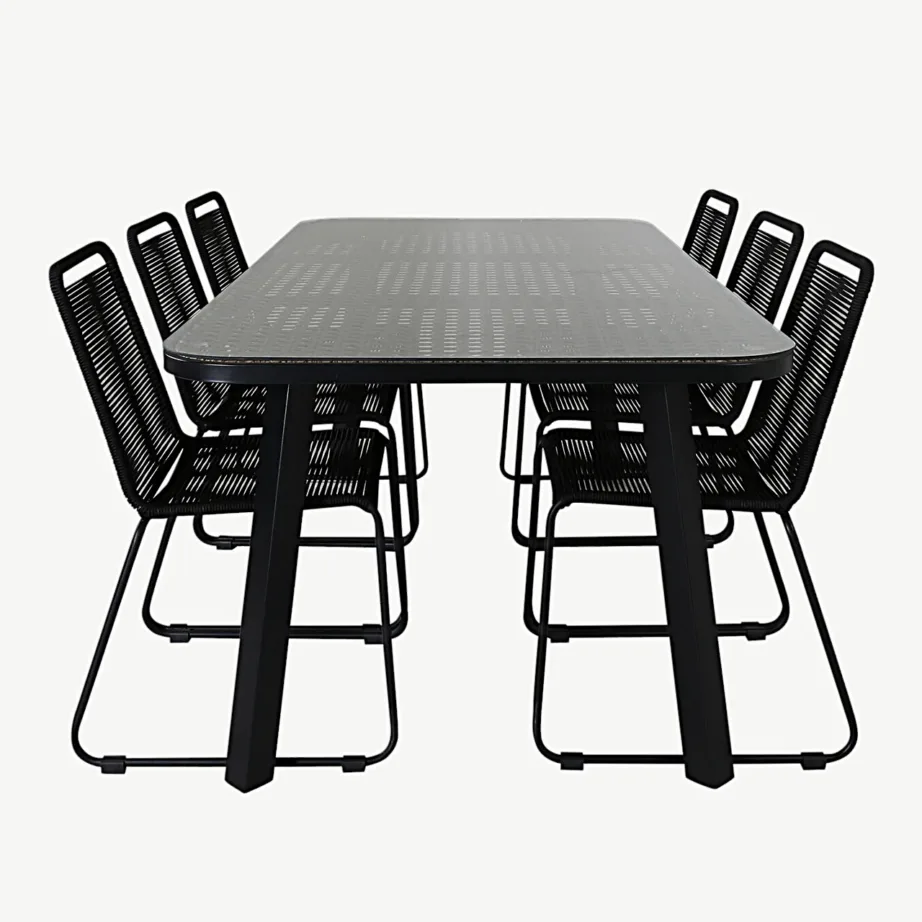 Paola ristkülikukujuline õuesöögikomplekt mustast terasest, klaasist lauaplaadiga ja Lindos virnastatavate toolidega musta köiega, GR21575 – 2