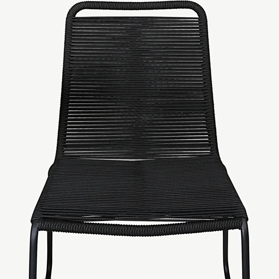 Paola ristkülikukujuline õuesöögikomplekt mustast terasest, klaasist lauaplaadiga ja Lindos virnastatavate toolidega musta köiega, GR21575 – 3