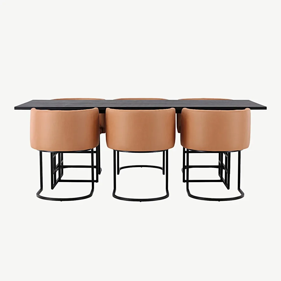 Söögitoakomplekt Ystad musta MDF- ja tammepuiduspooniga lauaga ning kuue pruunide kangaga polsterdatud Simrishamn tooliga, GR23751 – 2