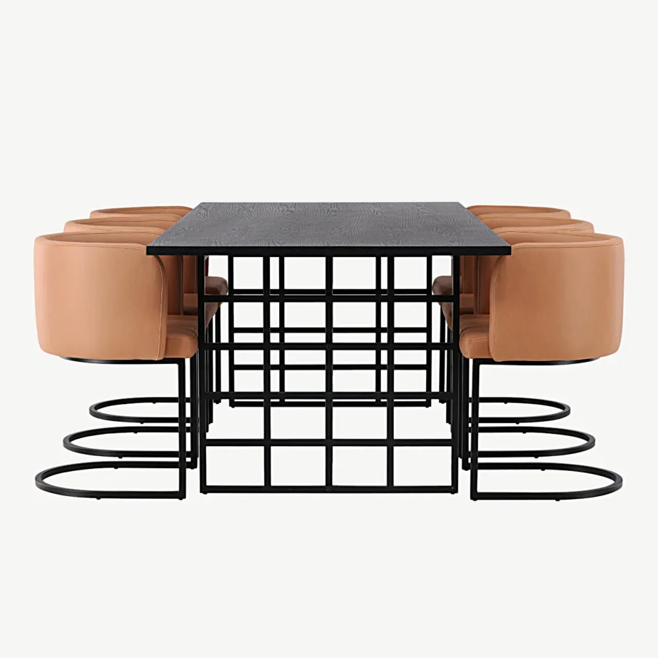 Söögitoakomplekt Ystad musta MDF- ja tammepuiduspooniga lauaga ning kuue pruunide kangaga polsterdatud Simrishamn tooliga, GR23751 – 3