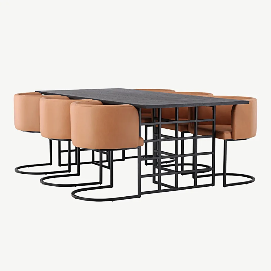 Söögitoakomplekt Ystad musta MDF- ja tammepuiduspooniga lauaga ning kuue pruunide kangaga polsterdatud Simrishamn tooliga, GR23751 – 4