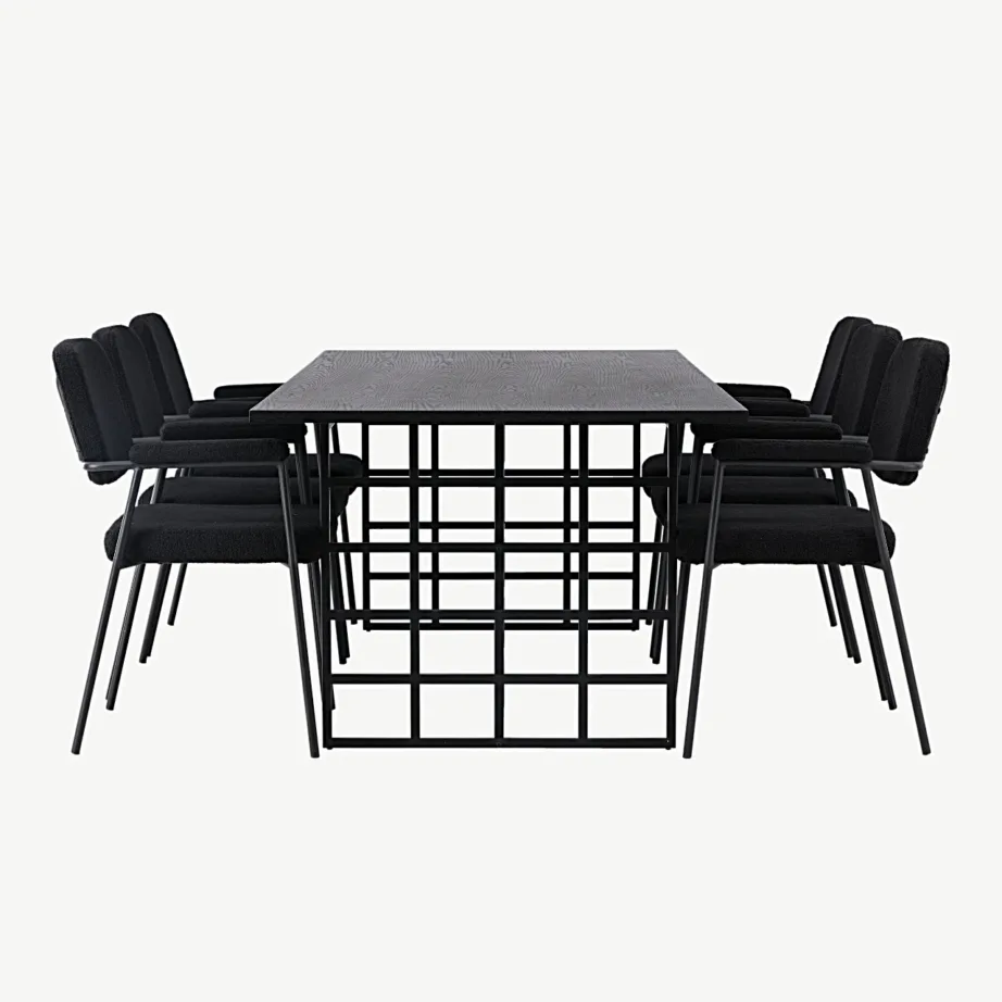 Söögilaud Ystad (must tammevineer, 220×100 cm) koos mustade buklee kangaga toolidega Yesterday, GR23755 – 2