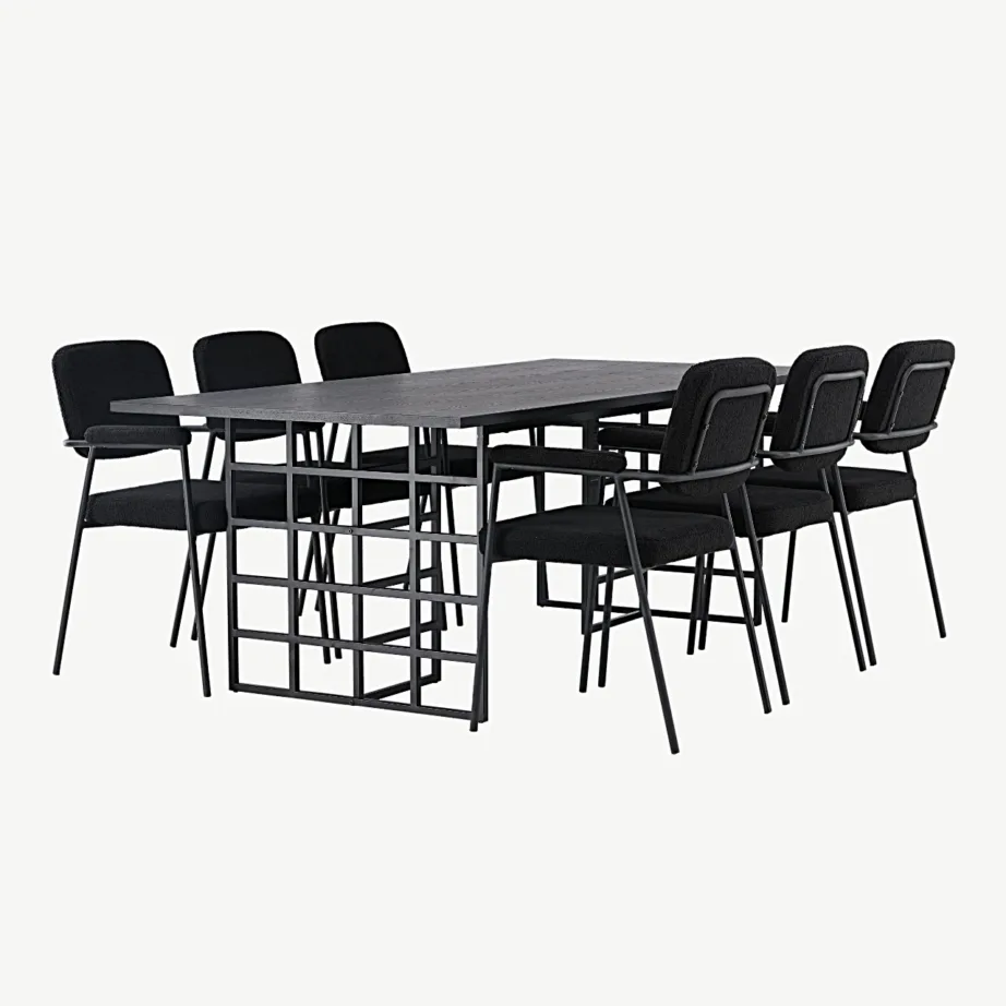 Söögilaud Ystad (must tammevineer, 220×100 cm) koos mustade buklee kangaga toolidega Yesterday, GR23755 – 3