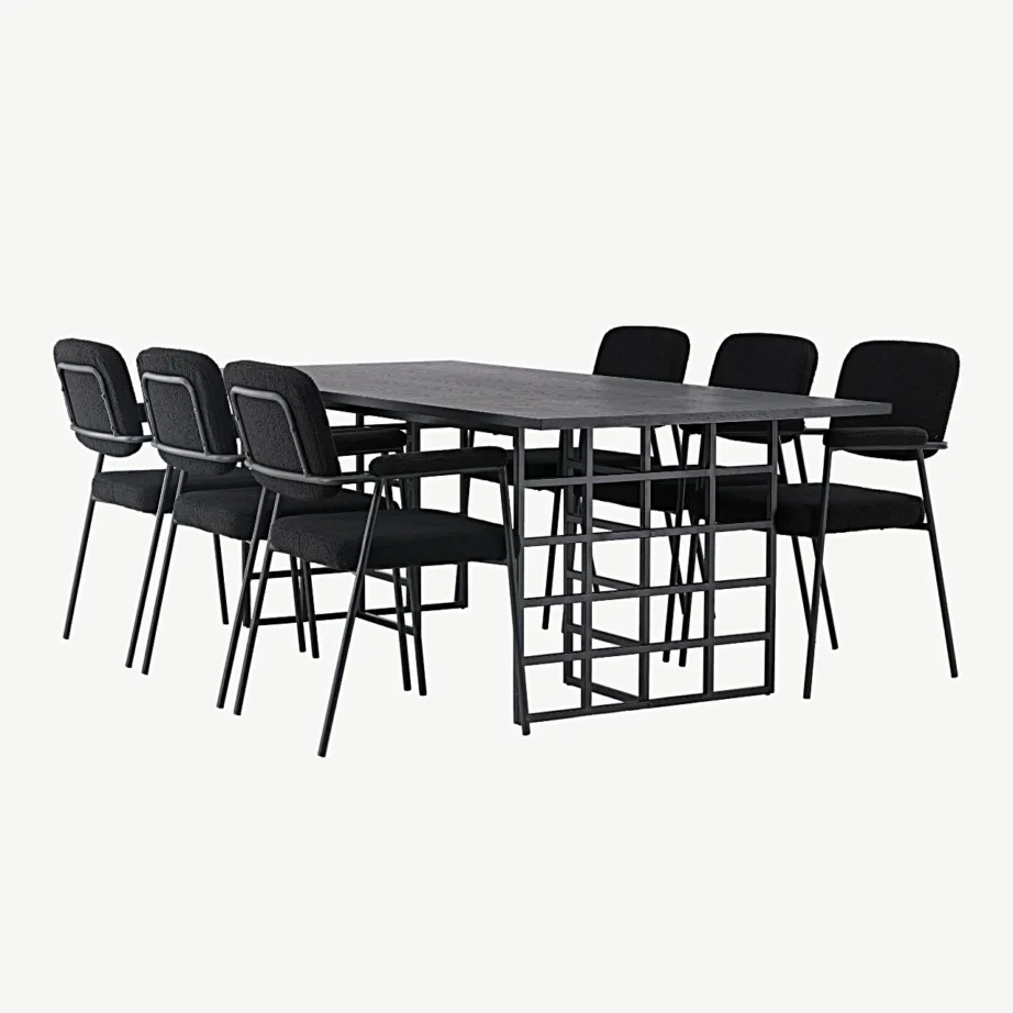 Söögilaud Ystad (must tammevineer, 220×100 cm) koos mustade buklee kangaga toolidega Yesterday, GR23755 – 4