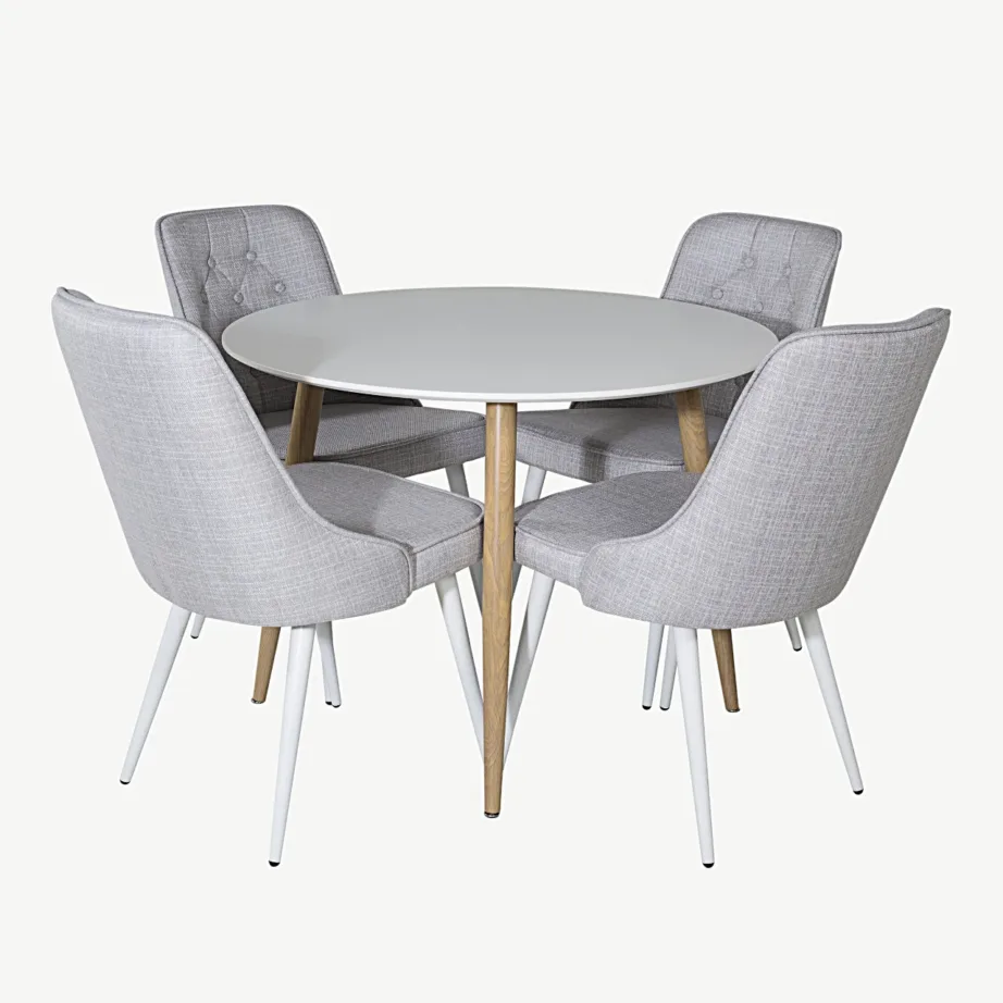 Ümmargune söögikomplekt Plaza lauaga ja Velvet Deluxe toolidega (valge, helehall kangas, Ø100 cm), GR24077