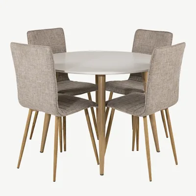 Ümmargune söögilauakomplekt Plaza (valge, ø100 cm) ja Windu toolid (helehall, puiduimitatsioon) - GR24078