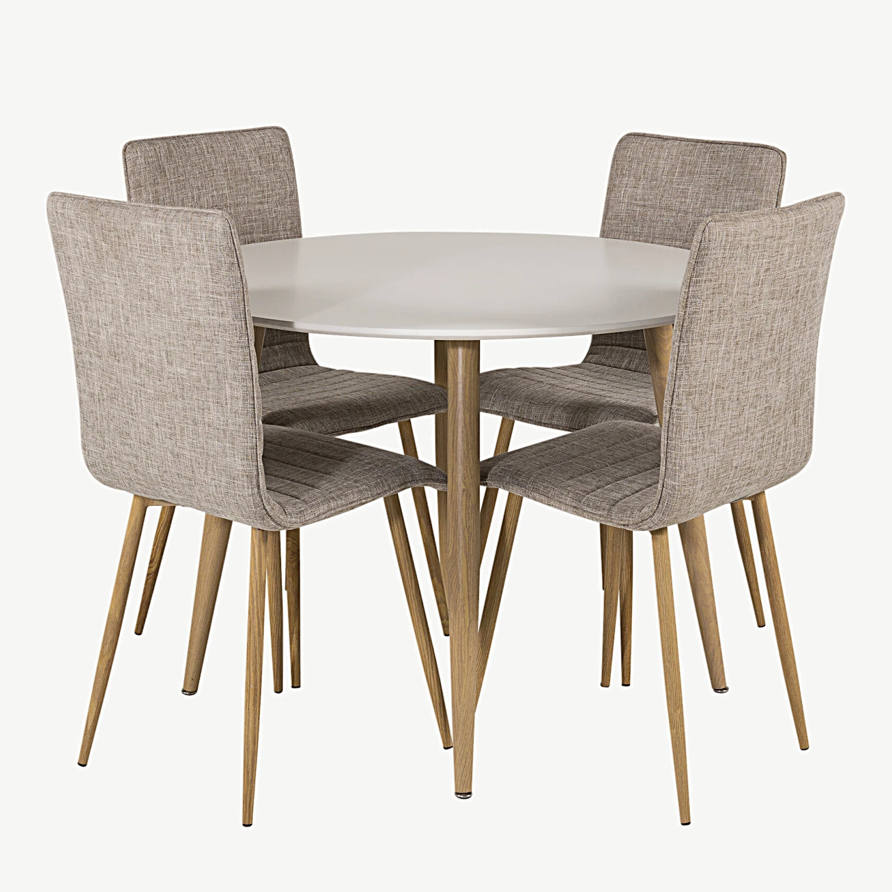 Ümmargune söögilauakomplekt Plaza (valge, ø100 cm) ja Windu toolid (helehall, puiduimitatsioon) - GR24078