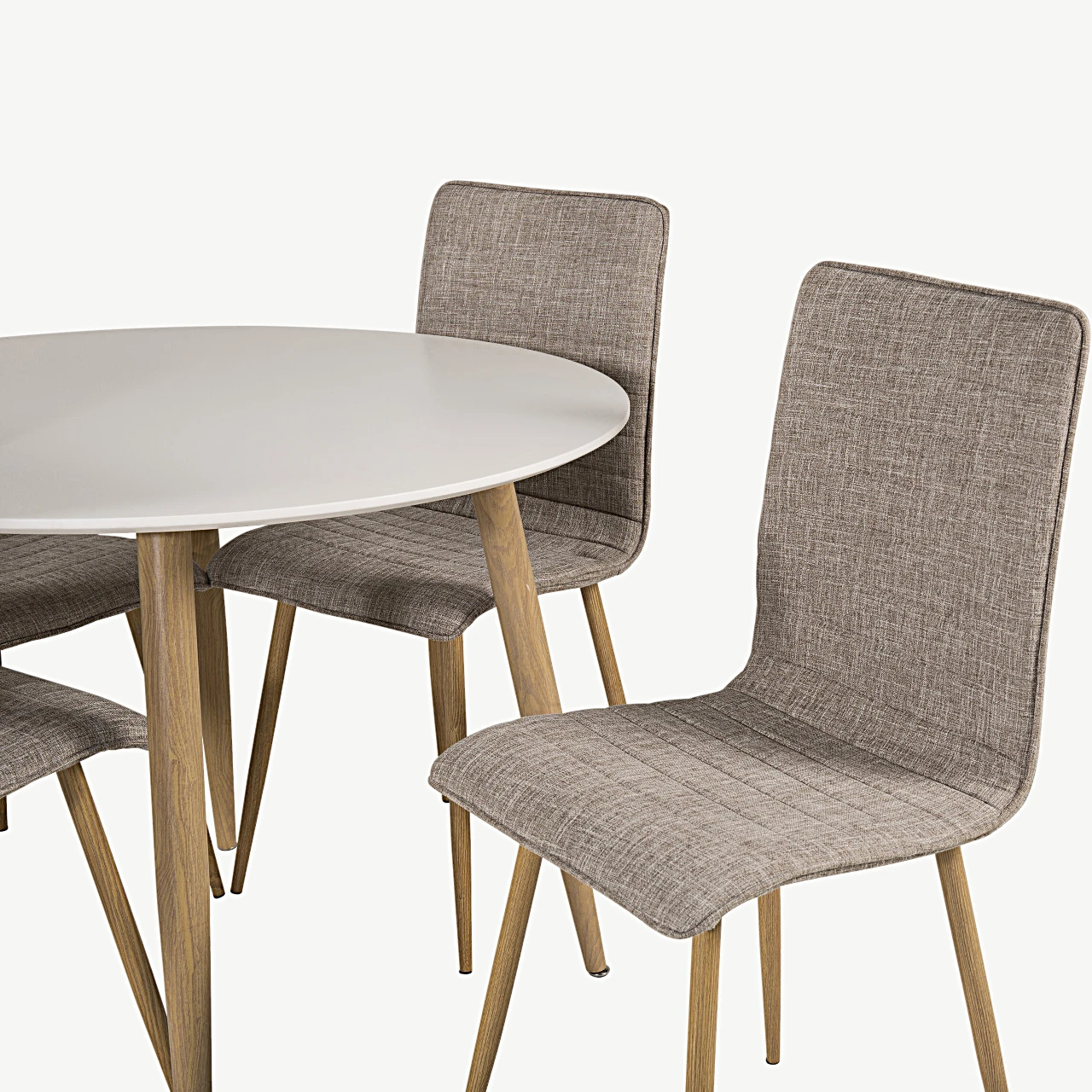 Ümmargune söögilauakomplekt Plaza (valge, ø100 cm) ja Windu toolid (helehall, puiduimitatsioon) - GR24078