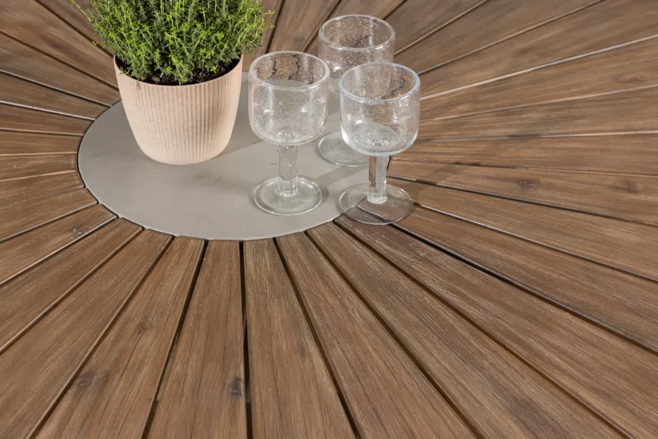 Ümmargune aiamööbli komplekt Rosario – pruun akaatsiapuidust laud Ø140 cm ja Copacabana alumiiniumtoolid, beež, GR24329 – 11