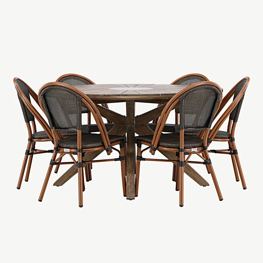 Ümmargune akaatsiapuidust aiakomplekt Rosario, 6 alumiiniumraamiga Guarda tooli (pruun/must), Ø140 cm, GR24335 – 2