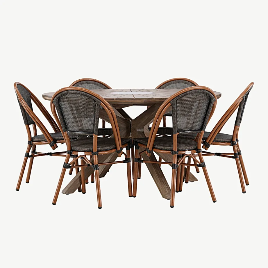 Ümmargune akaatsiapuidust aiakomplekt Rosario, 6 alumiiniumraamiga Guarda tooli (pruun/must), Ø140 cm, GR24335 – 3