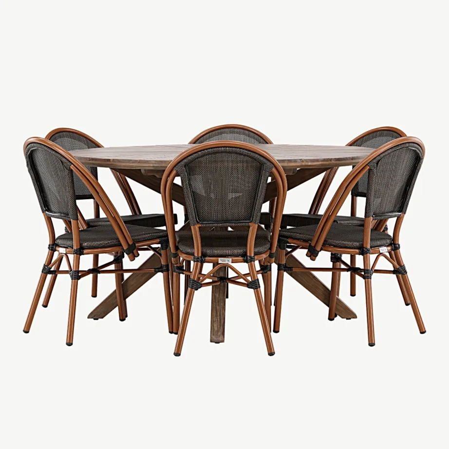 Ümmargune akaatsiapuidust aiakomplekt Rosario, 6 alumiiniumraamiga Guarda tooli (pruun/must), Ø140 cm, GR24335 – 4