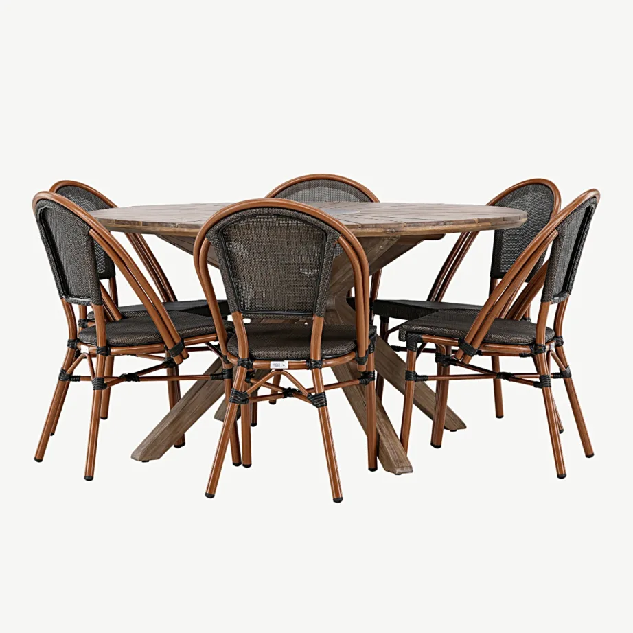 Ümmargune akaatsiapuidust aiakomplekt Rosario, 6 alumiiniumraamiga Guarda tooli (pruun/must), Ø140 cm, GR24335 – 6