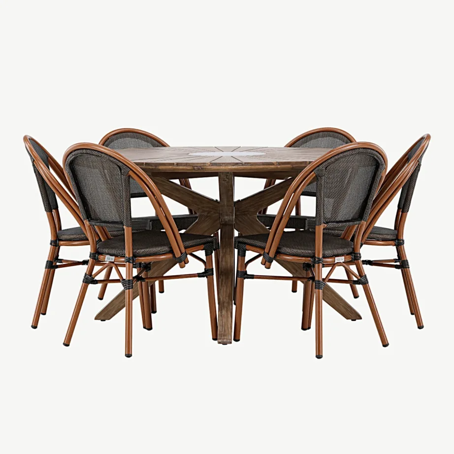 Ümmargune akaatsiapuidust aiakomplekt Rosario, 6 alumiiniumraamiga Guarda tooli (pruun/must), Ø140 cm, GR24335 – 7