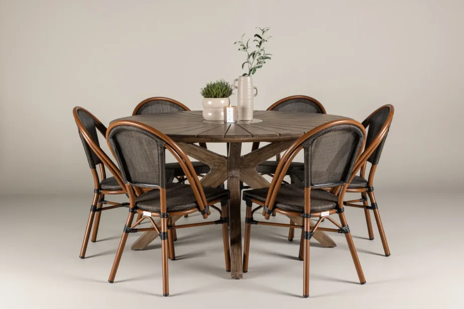 Ümmargune akaatsiapuidust aiakomplekt Rosario, 6 alumiiniumraamiga Guarda tooli (pruun/must), Ø140 cm, GR24335 – 8