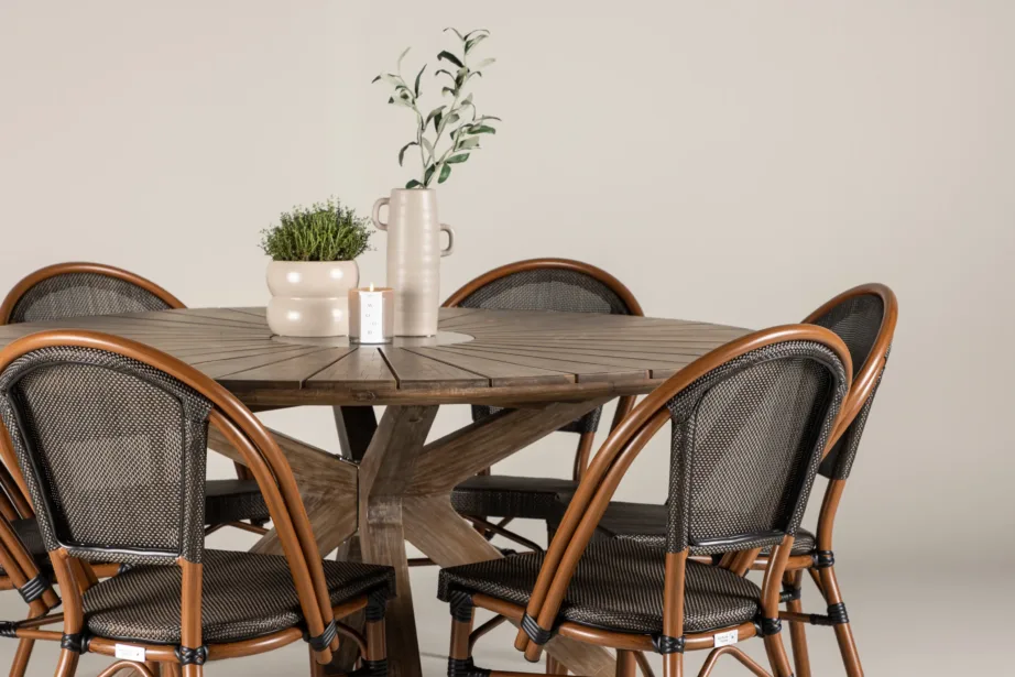 Ümmargune akaatsiapuidust aiakomplekt Rosario, 6 alumiiniumraamiga Guarda tooli (pruun/must), Ø140 cm, GR24335 – 9