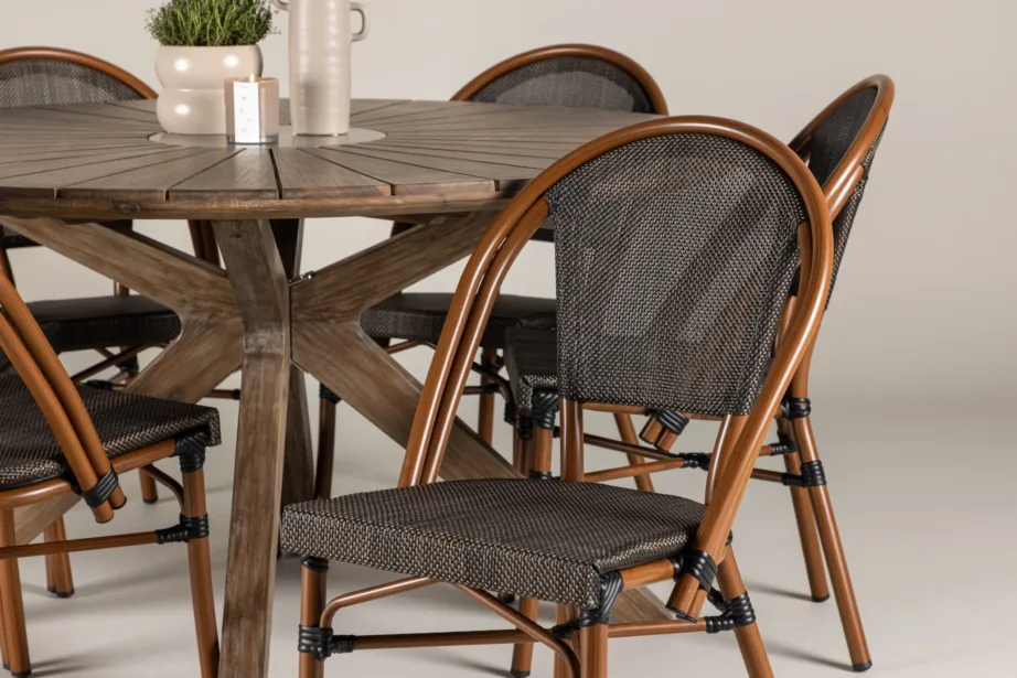 Ümmargune akaatsiapuidust aiakomplekt Rosario, 6 alumiiniumraamiga Guarda tooli (pruun/must), Ø140 cm, GR24335 – 10