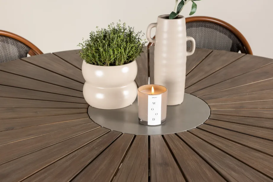 Ümmargune akaatsiapuidust aiakomplekt Rosario, 6 alumiiniumraamiga Guarda tooli (pruun/must), Ø140 cm, GR24335 – 11