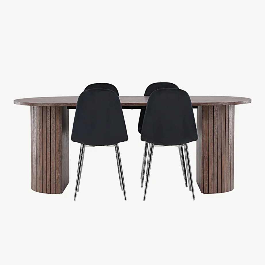 Ovaalne mokkavärvi MDF-söögilaud Härön koos mustade sametttoolidega Polar, GR24511 – 2