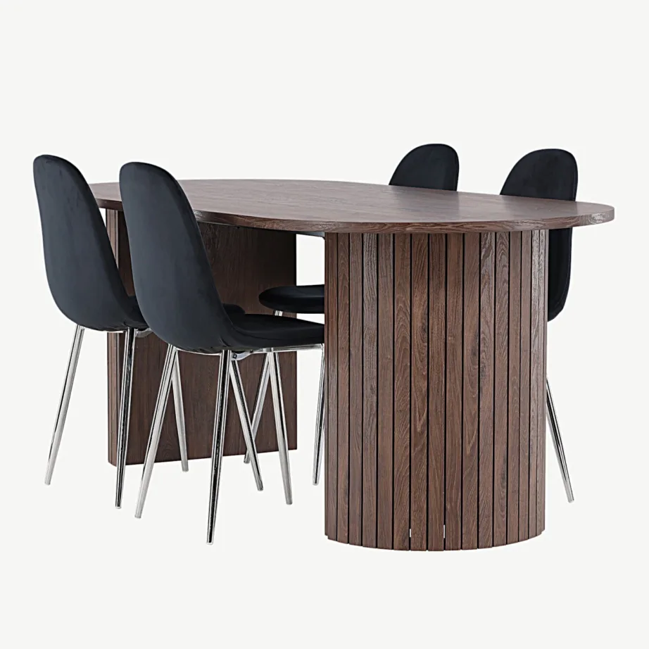 Ovaalne mokkavärvi MDF-söögilaud Härön koos mustade sametttoolidega Polar, GR24511 – 3