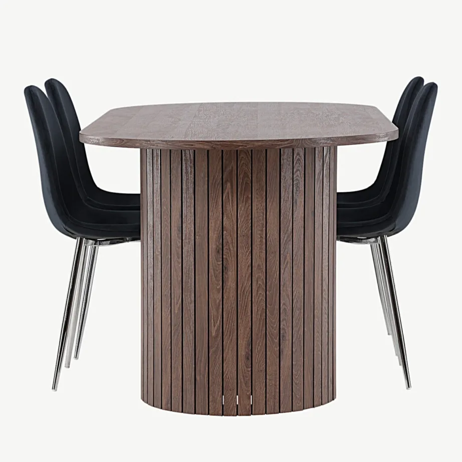 Ovaalne mokkavärvi MDF-söögilaud Härön koos mustade sametttoolidega Polar, GR24511 – 4