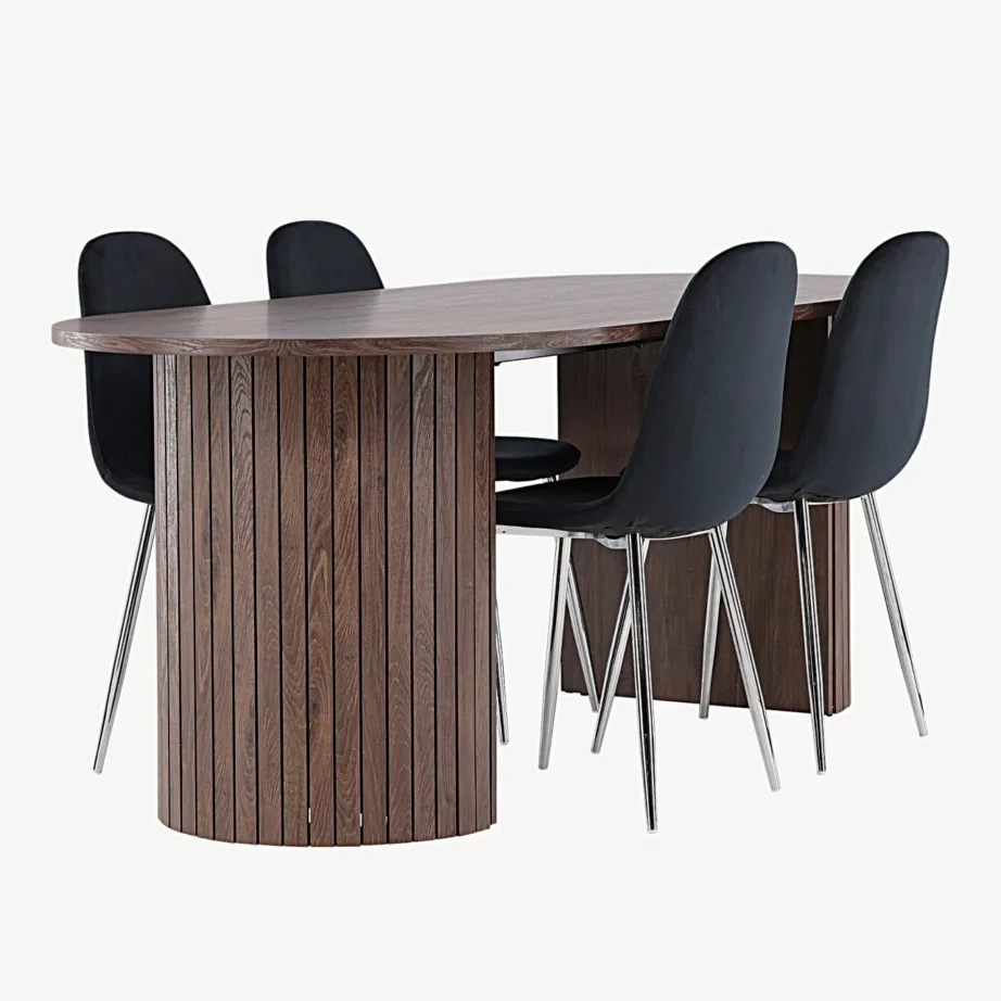 Ovaalne mokkavärvi MDF-söögilaud Härön koos mustade sametttoolidega Polar, GR24511 – 5