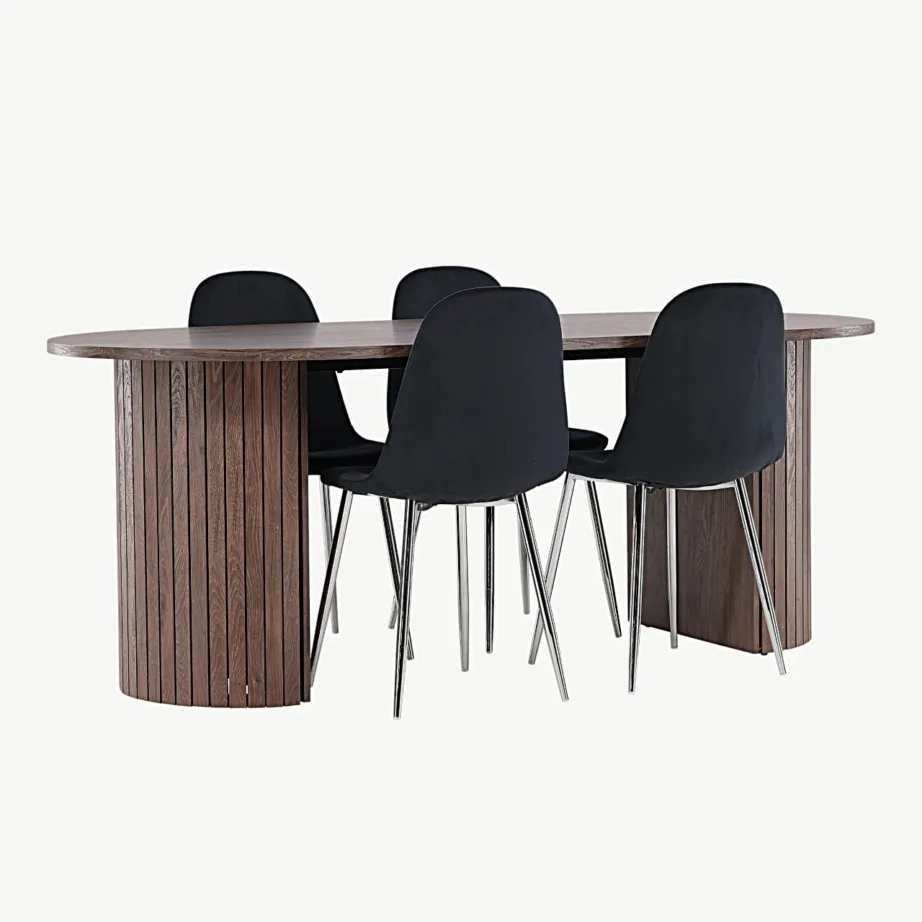 Ovaalne mokkavärvi MDF-söögilaud Härön koos mustade sametttoolidega Polar, GR24511 – 6