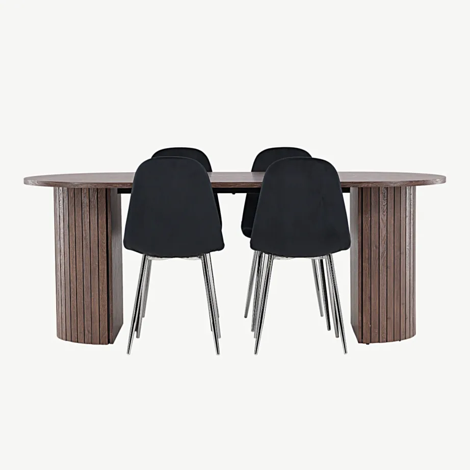 Ovaalne mokkavärvi MDF-söögilaud Härön koos mustade sametttoolidega Polar, GR24511 – 7