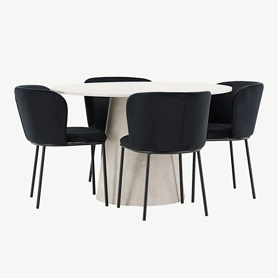 Ümmargune beež marmorefektiga söögilaud Lanzo ja mustad sametist söögitoolid Edina (4 tk), GR24701
