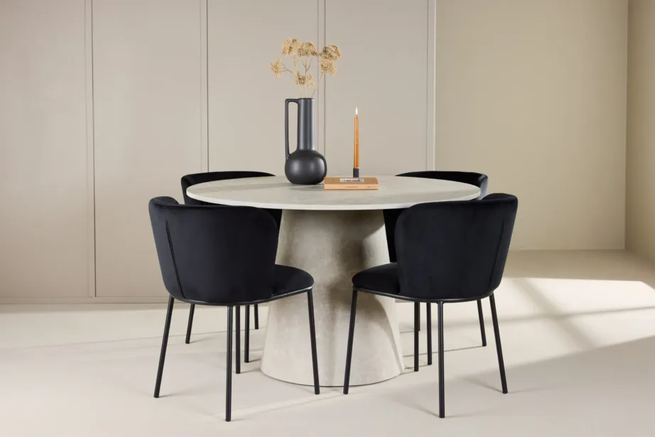 Ümmargune beež marmorefektiga söögilaud Lanzo ja mustad sametist söögitoolid Edina (4 tk), GR24701 – 8