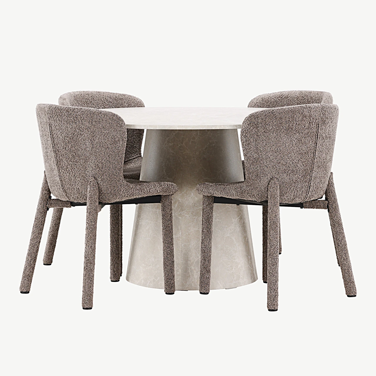 Ümmargune beež söögilaud Lanzo (marmorimuster, Ø120 cm) ja pruunid Astoria bukleetoolid – 4-kohaline komplekt - GR24704