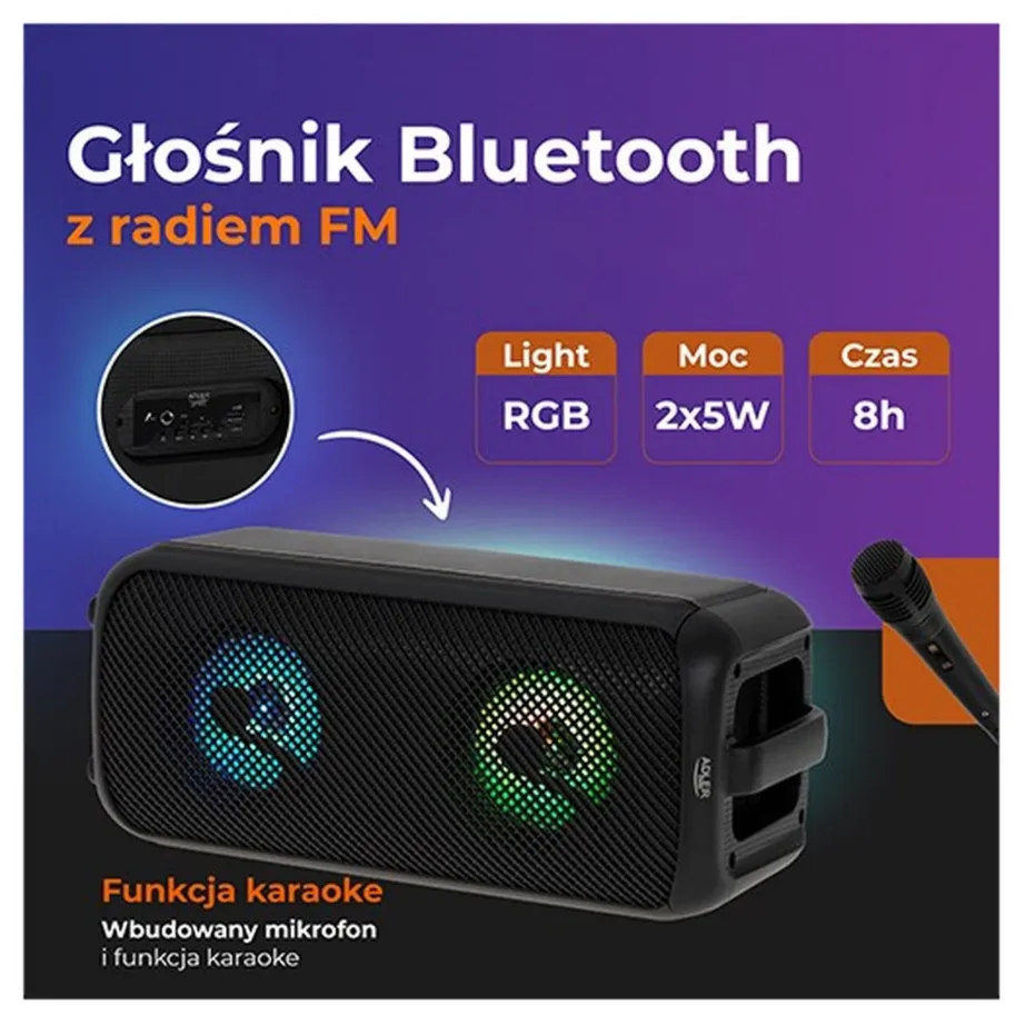 Adler AD 1903 2×5 W must Bluetooth-kõlar LED-valgustusega, 1500 mAh aku, AUX/USB – 2