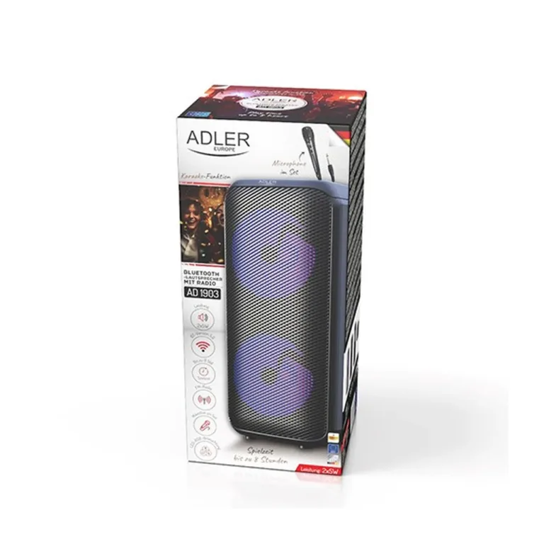 Adler AD 1903 2x5 W must Bluetooth-kõlar LED-valgustusega, 1500 mAh aku, AUX/USB