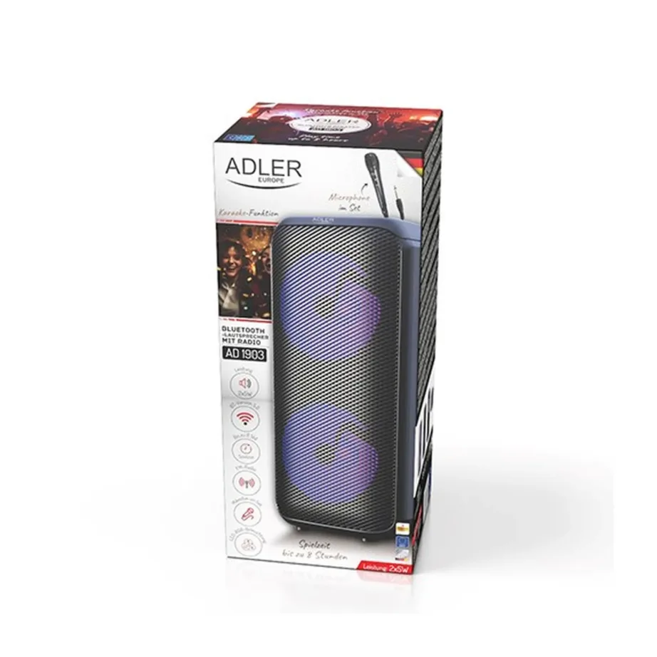 Adler AD 1903 2×5 W must Bluetooth-kõlar LED-valgustusega, 1500 mAh aku, AUX/USB – 8