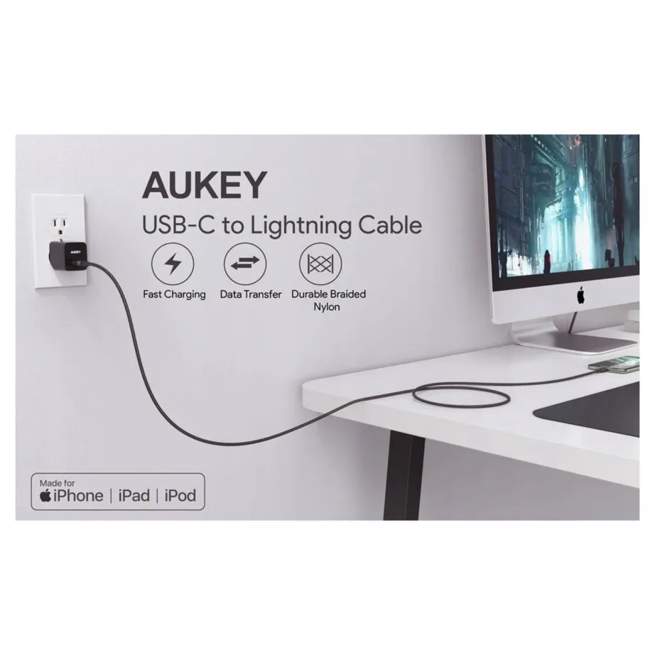AUKEY CB-CL03 2 m must USB-C – Lightning MFi-sertifikaadiga andme- ja laadimiskaabel – 6