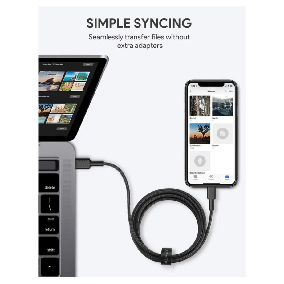 AUKEY CB-CL03 2 m must USB-C – Lightning MFi-sertifikaadiga andme- ja laadimiskaabel – 9